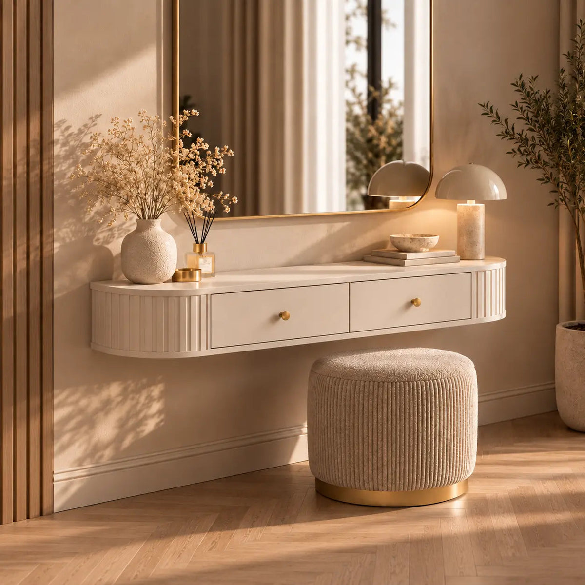Toaletka Wisząca OVALIO 123cm Beż Piaskowy – Ryflowana z Szufladami Milo Furniture