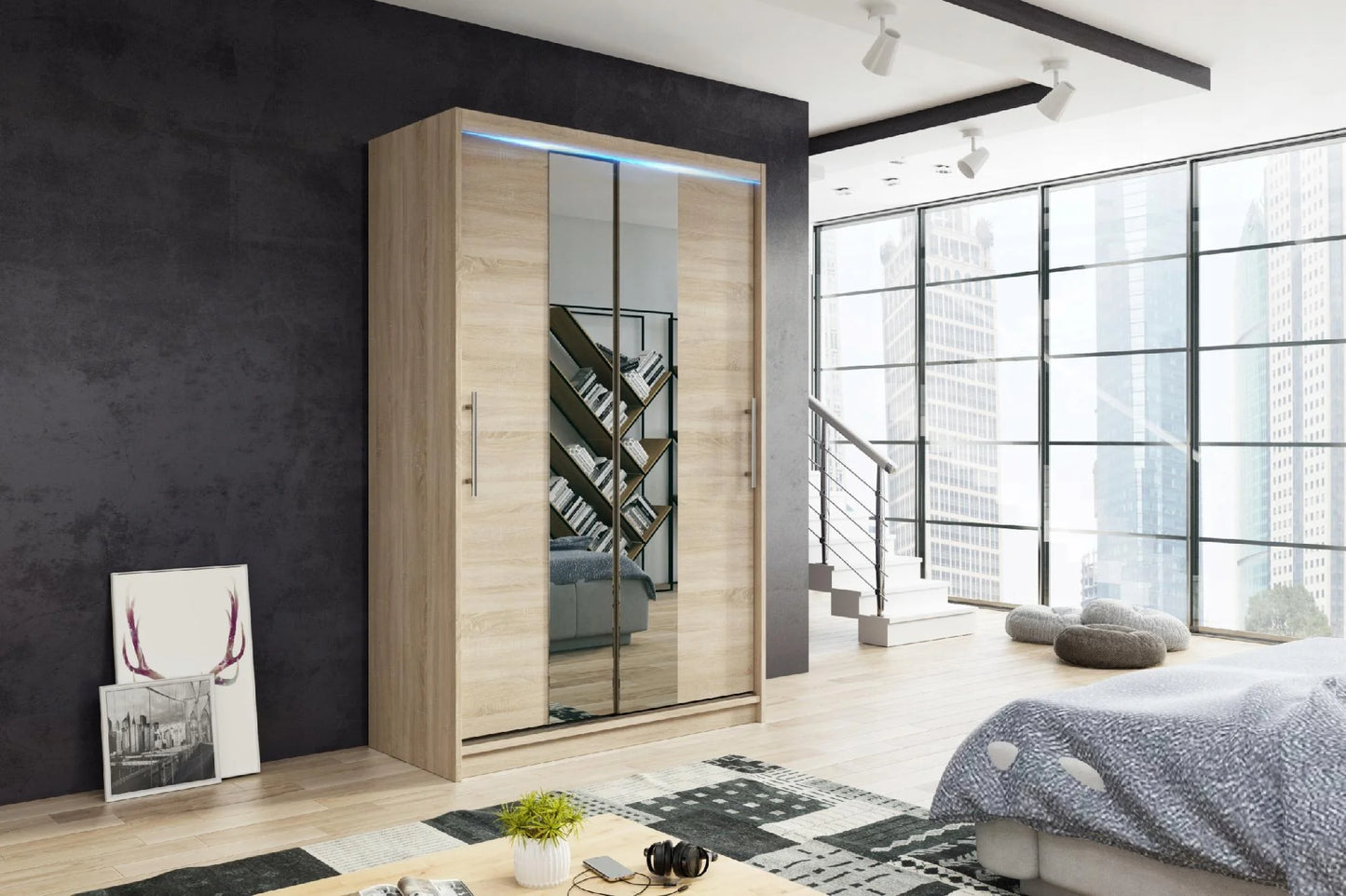 Szafa z lustrem TIKO2  100/110/120cm Biały Mat/Dąb Sonoma do Salonu i Sypialni