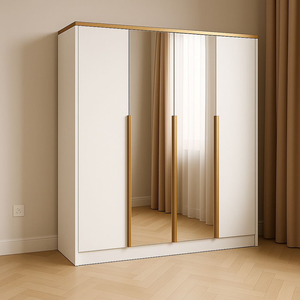Szafa Uchylna Tiza 200 cm Biała z Lustrem i Złotymi Uchwytami do Salonu i Sypialni