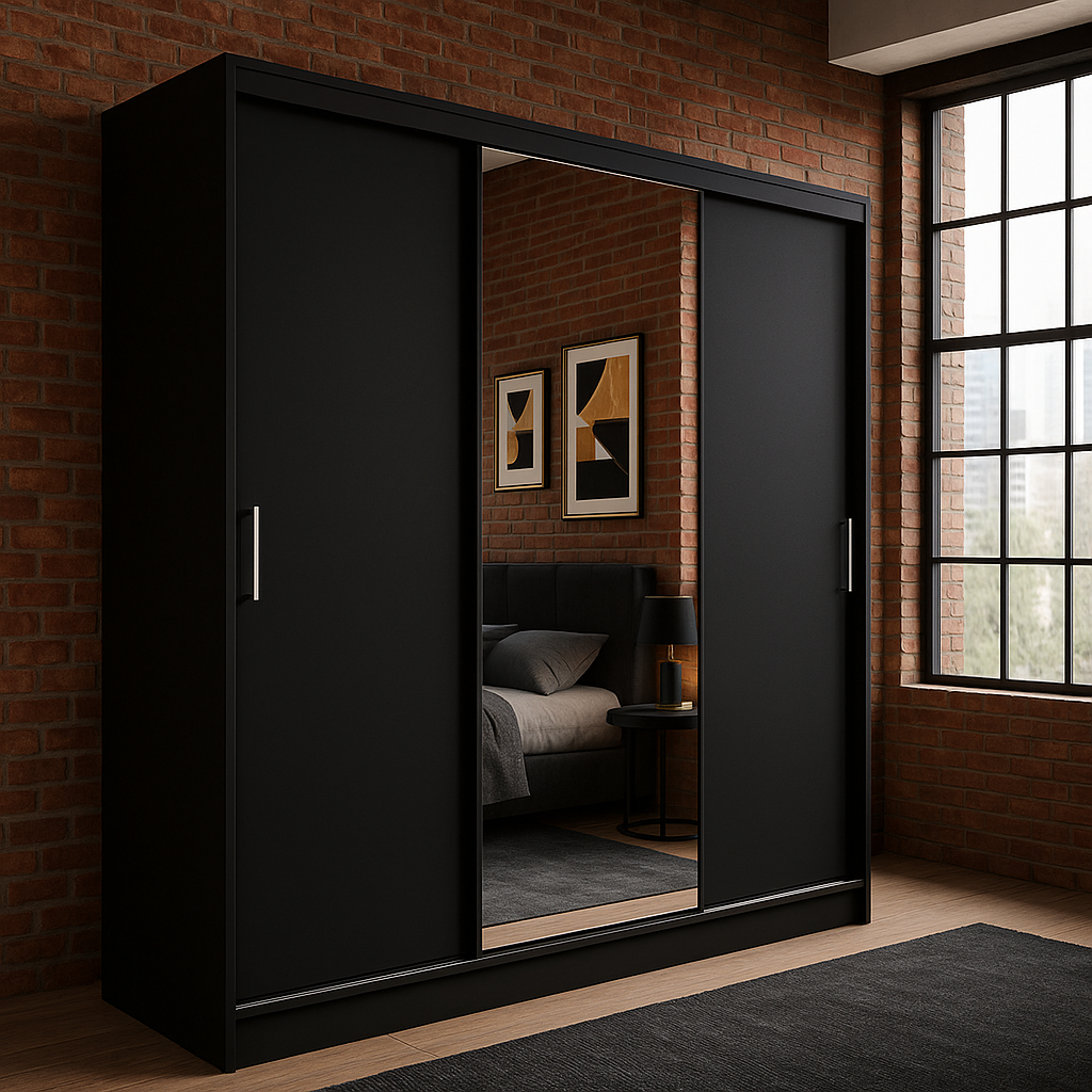 Szafa Przesuwna Garderoba z Lustrem  Tio 180cm Czarny Mat do Salonu i Sypialni