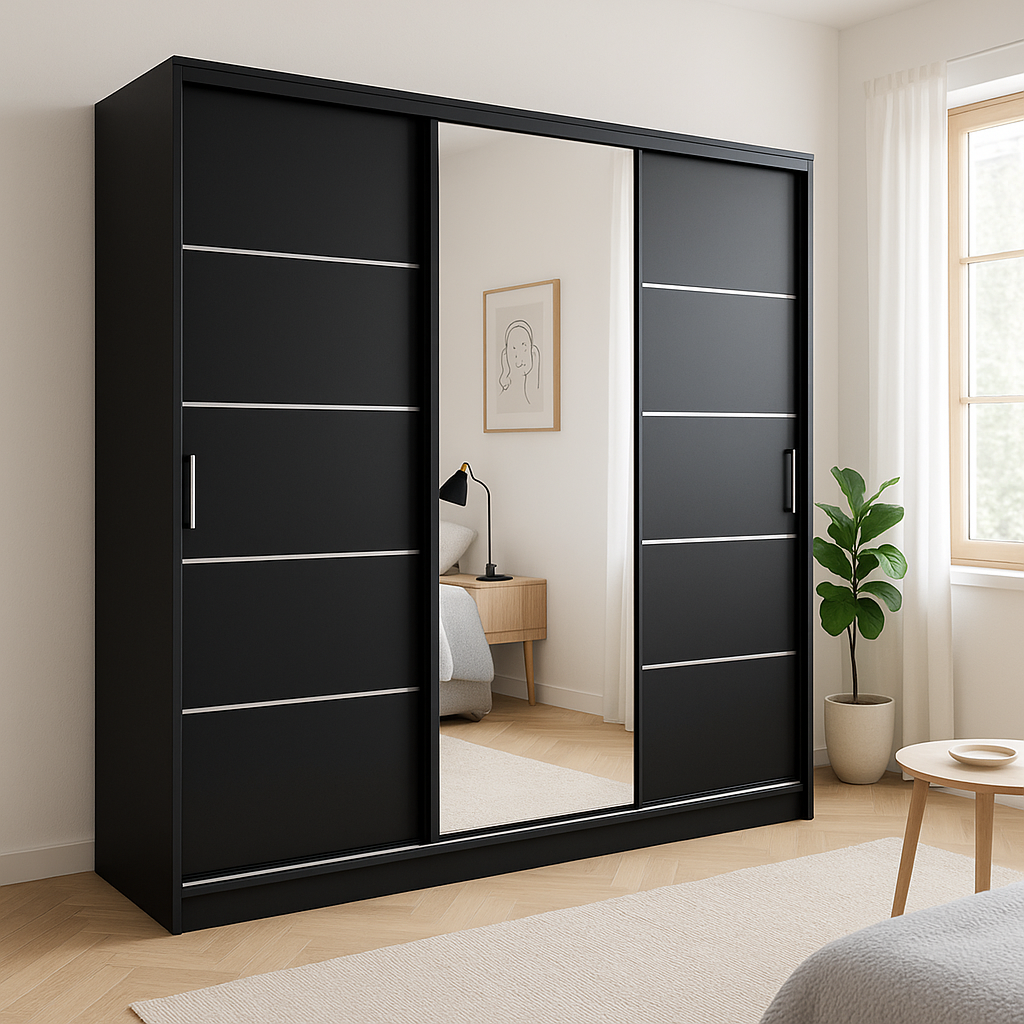 Szafa Przesuwna z lustrem Tio 180cm  Czarny Mat do Salonu i Sypialni