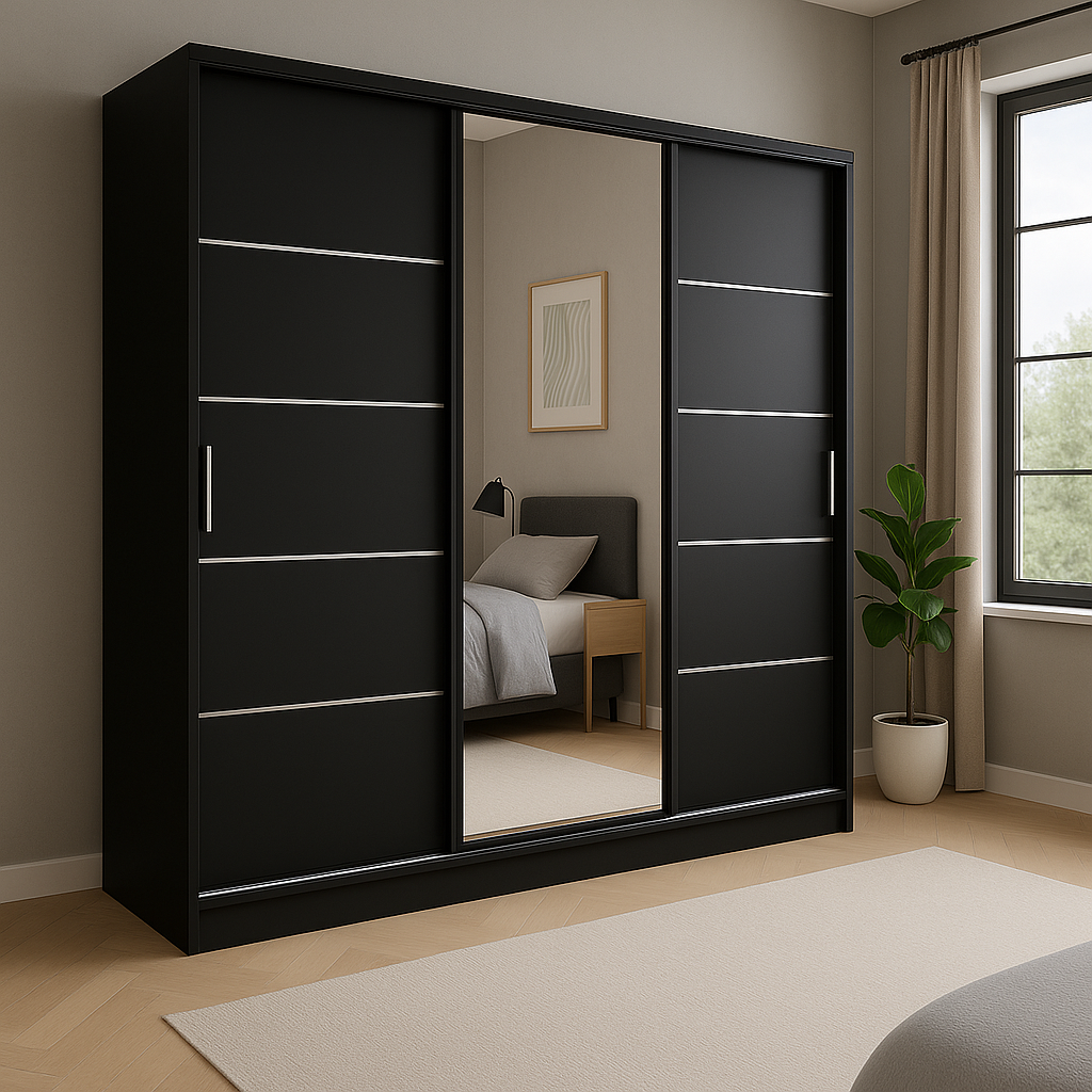 Szafa Przesuwna z lustrem Tio 180cm  Czarny Mat do Salonu i Sypialni