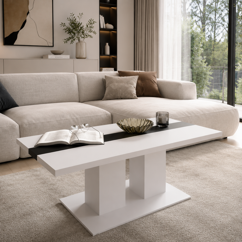 Ława Boston 110x60 cm Biała z Czarnym Akcentem Nowoczesna Ława do Salonu