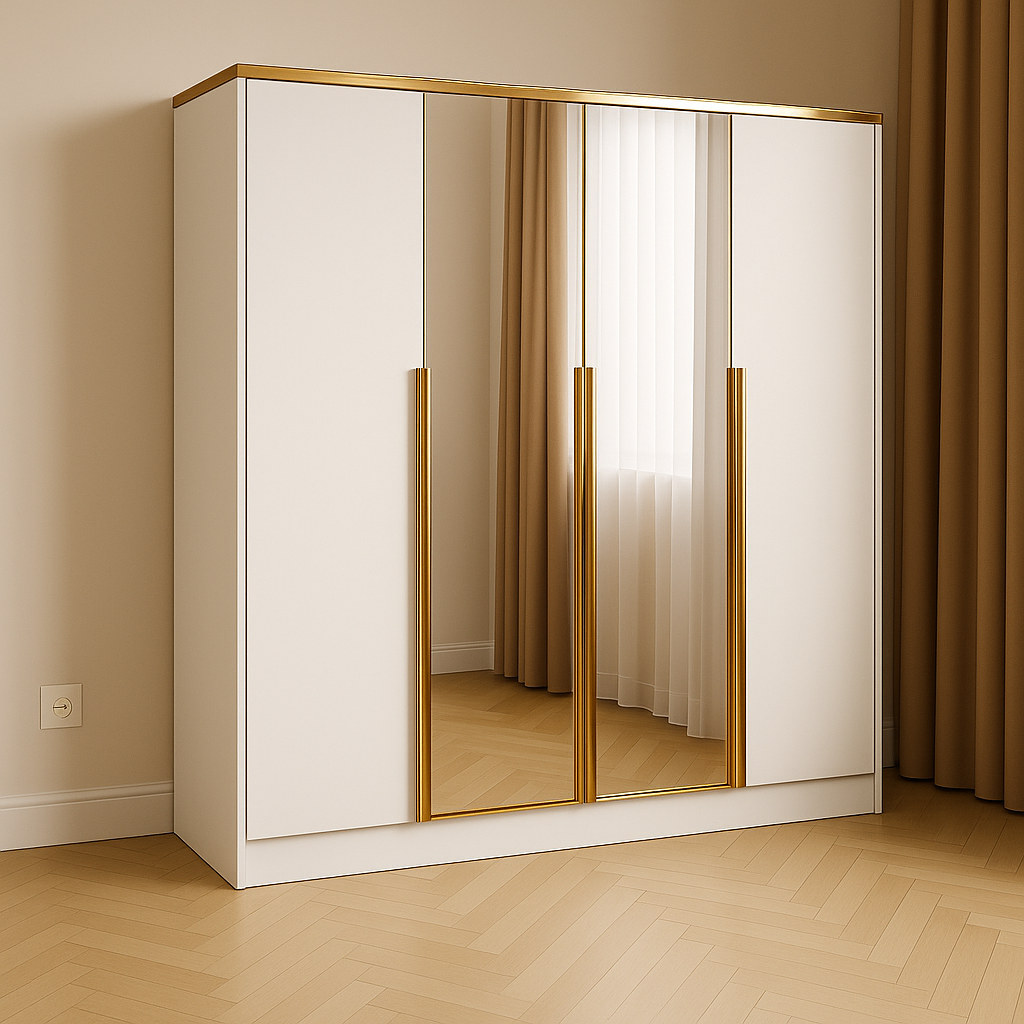 Szafa Uchylna Tiza 200 cm Biała z Lustrem i Złotymi Uchwytami do Salonu i Sypialni