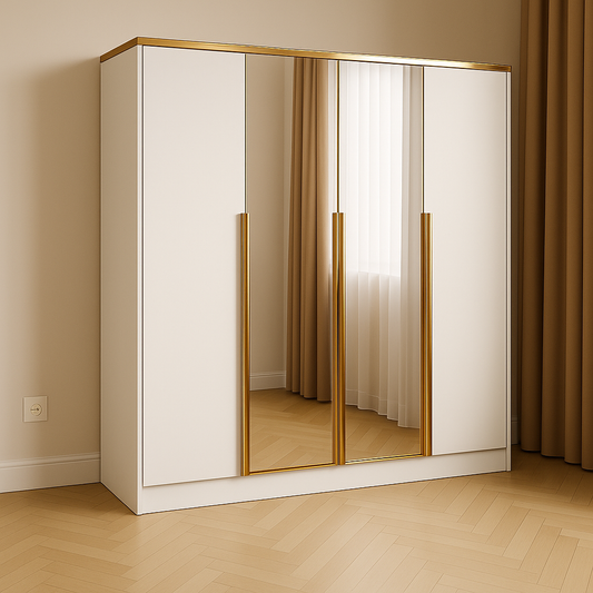 Szafa Uchylna Tiza 200 cm Biała z Lustrem i Złotymi Uchwytami do Salonu i Sypialni