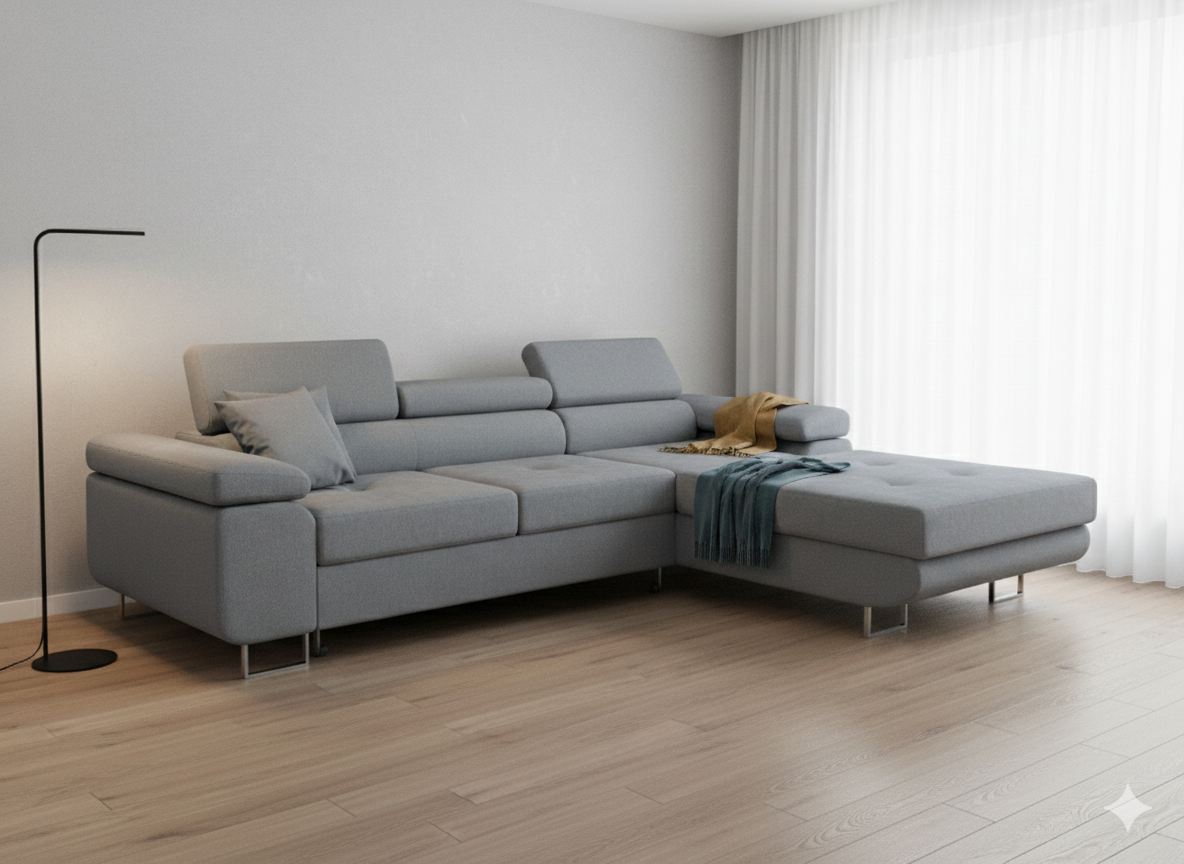 Rozkładany narożnik z funkcją spania, regulowane zagłówki 275x202 – TASSANO