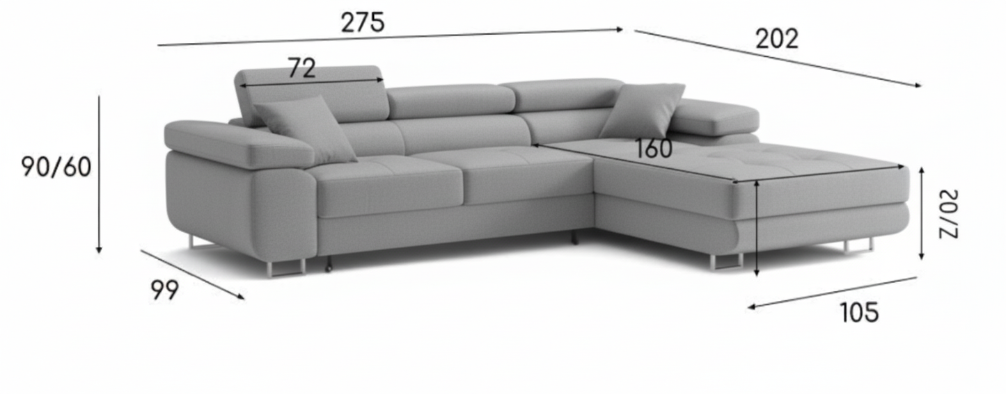 Rozkładany narożnik z funkcją spania, regulowane zagłówki 275x202 – TASSANO
