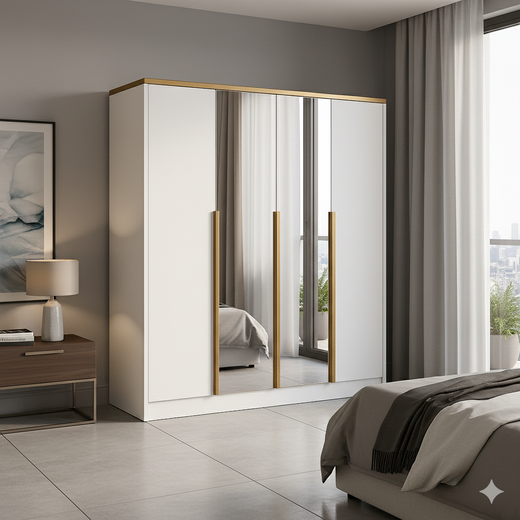 Szafa Uchylna Tiza 200 cm Biała z Lustrem i Złotymi Uchwytami do Salonu i Sypialni