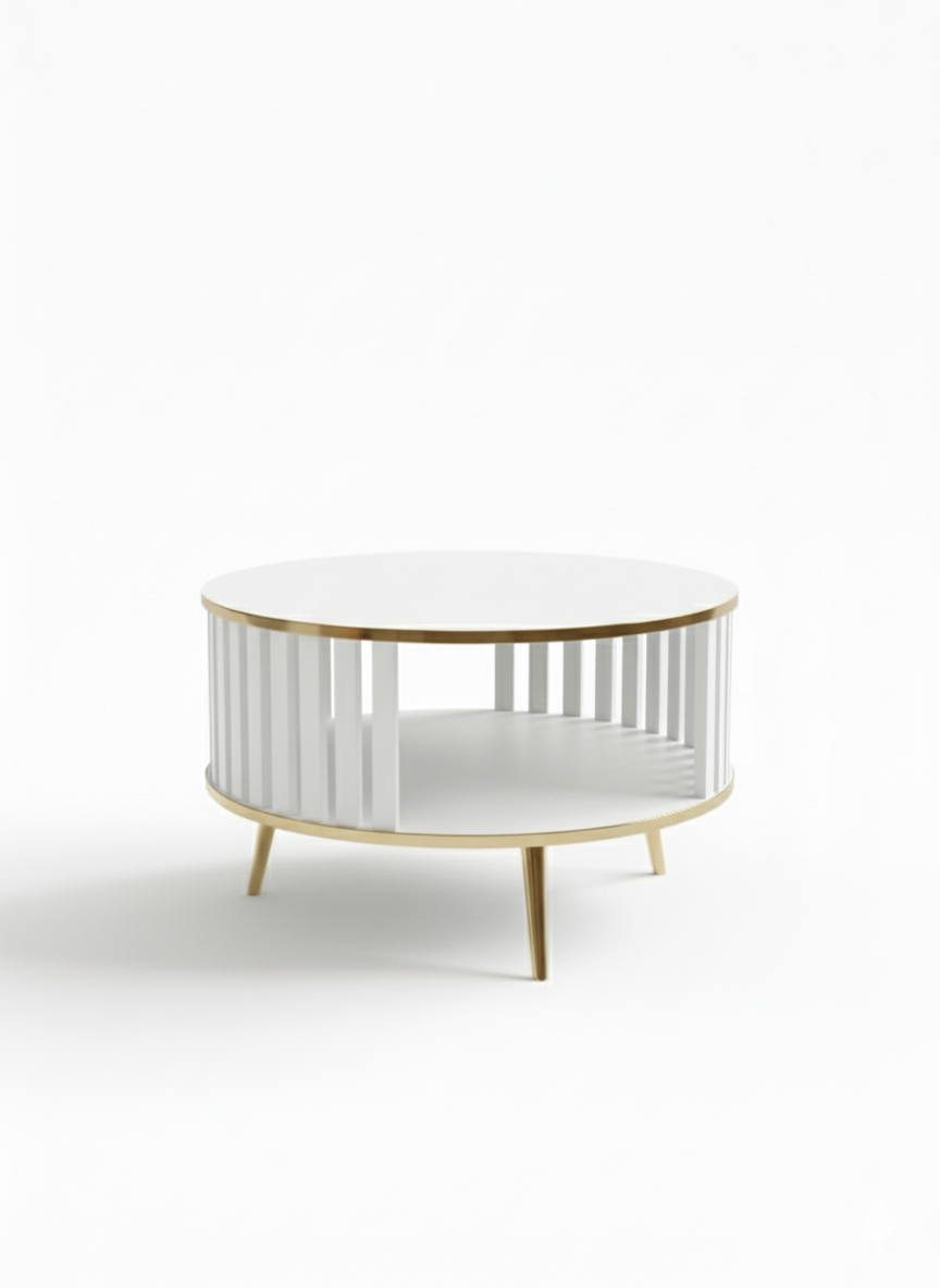 Stolik kawowy/Ława Lingo okrągły biały/złoty, szerokość 80 cm – nowoczesny design