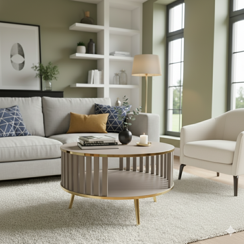 Stolik kawowy/Ława Lingo okrągły kaszmir/złoty, szerokość 80 cm – nowoczesny design