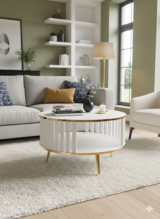 Stolik kawowy/Ława Lingo okrągły biały/złoty, szerokość 80 cm – nowoczesny design