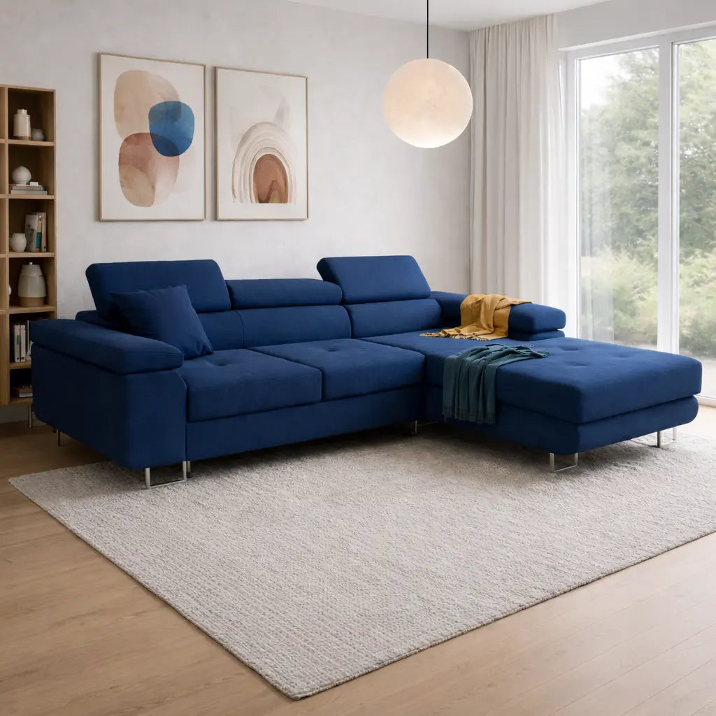 Narożnik z Funkcją Spania TASSANO – Kanapa Narożna L z Regulowanymi Zagłówkami do Salonu Milo Furniture