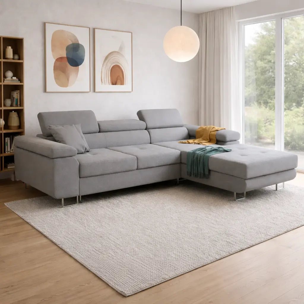 Narożnik z Funkcją Spania TASSANO – Kanapa Narożna L z Regulowanymi Zagłówkami do Salonu Milo Furniture