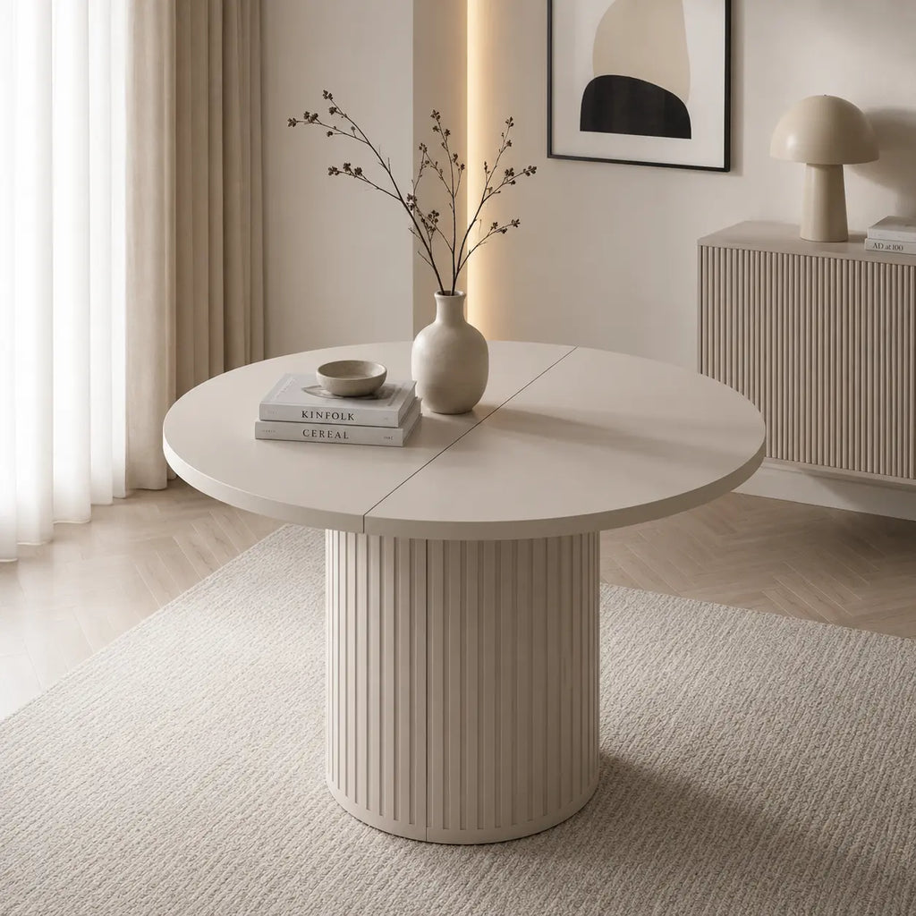 Stół LIMO Okrągły Rozkładany 100-188 cm Beż Piaskowy Ryflowana Podstawa Milo Furniture