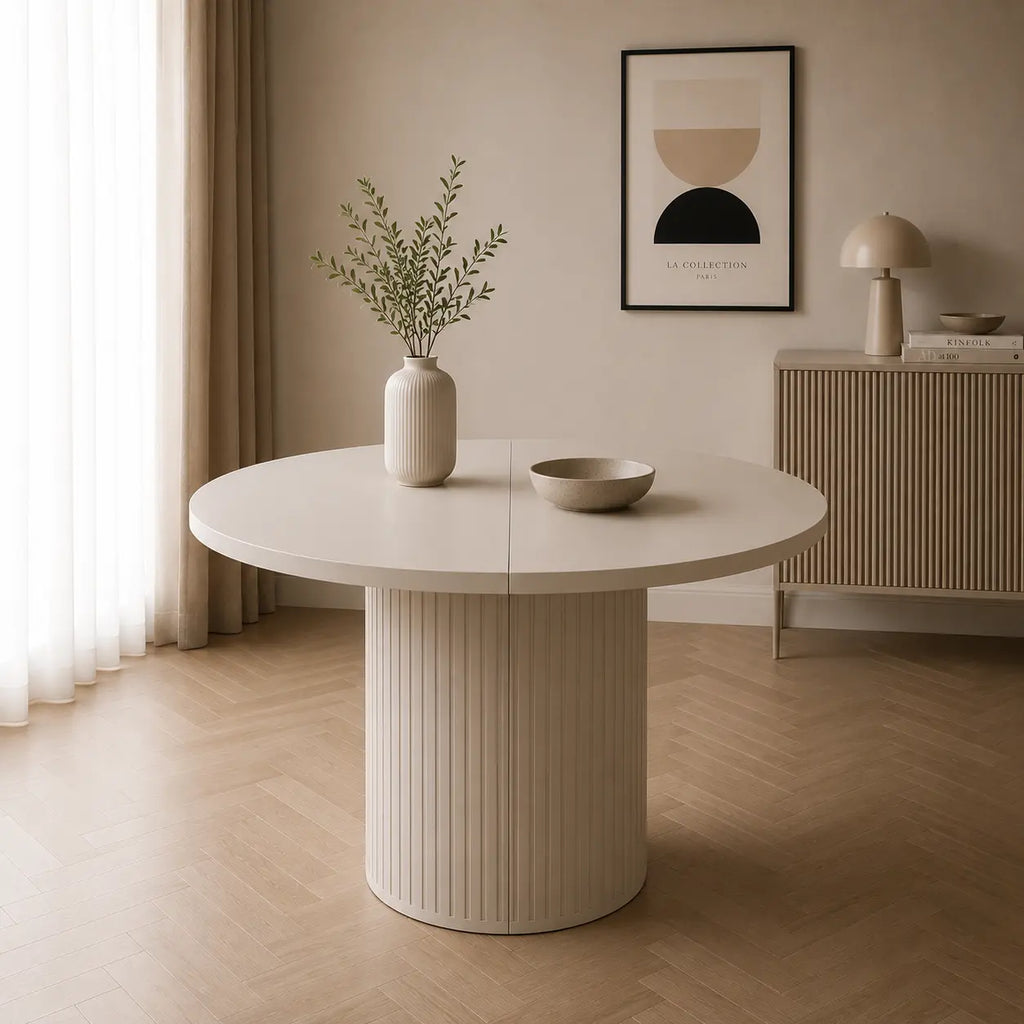 Stół LIMO Okrągły Rozkładany 100-188 cm Beż Piaskowy Ryflowana Podstawa Milo Furniture