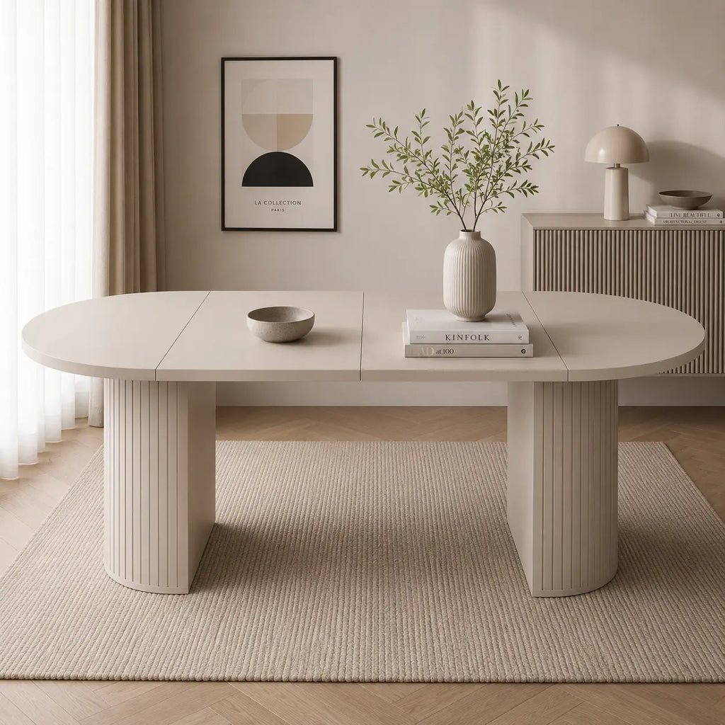 Stół LIMO Okrągły Rozkładany 100-188 cm Beż Piaskowy Ryflowana Podstawa Milo Furniture