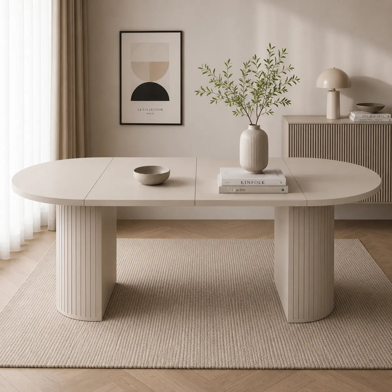 Stół LIMO Okrągły Rozkładany 100-188 cm Beż Piaskowy Ryflowana Podstawa Milo Furniture