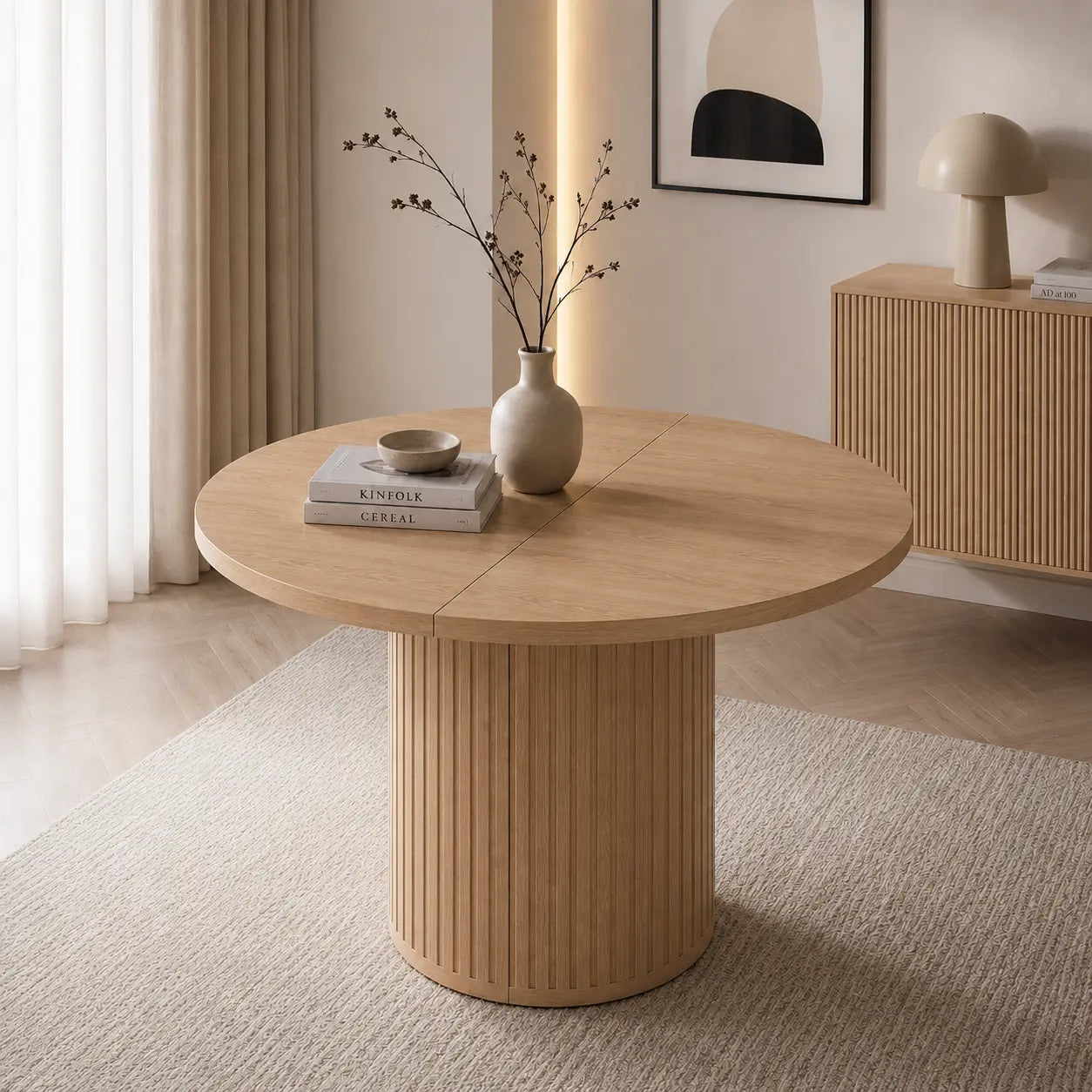 Stół LIMO Okrągły Rozkładany 100-188 cm Dąb Cremona Ryflowana Podstawa Milo Furniture