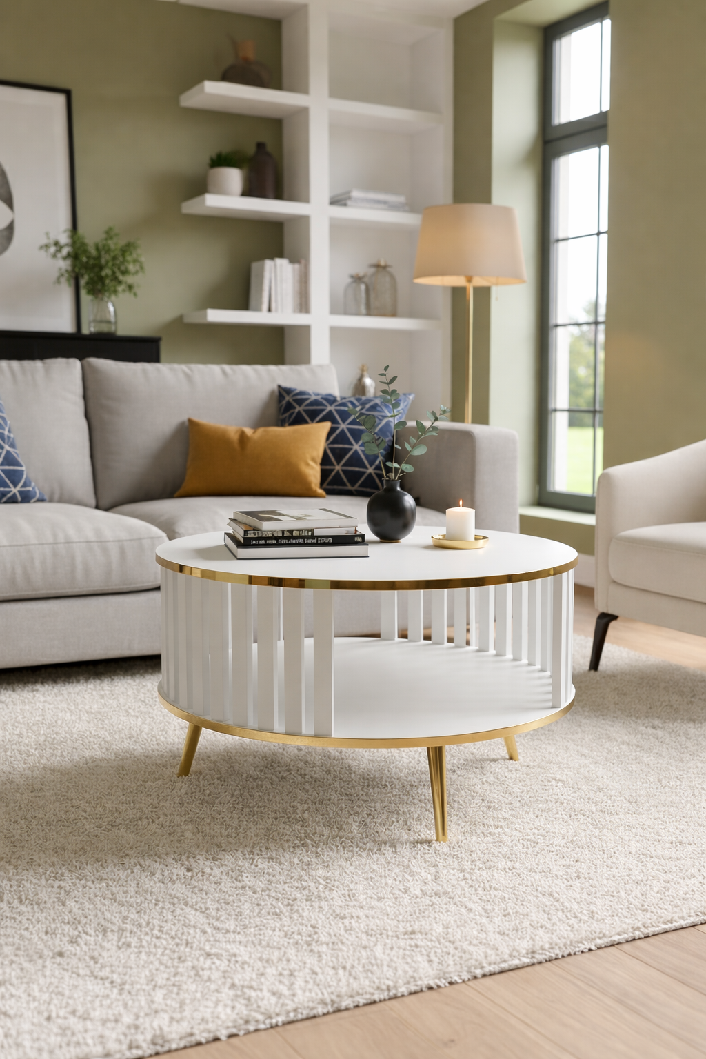 Stolik kawowy/Ława Lingo okrągły biały/złoty, szerokość 80 cm – nowoczesny design