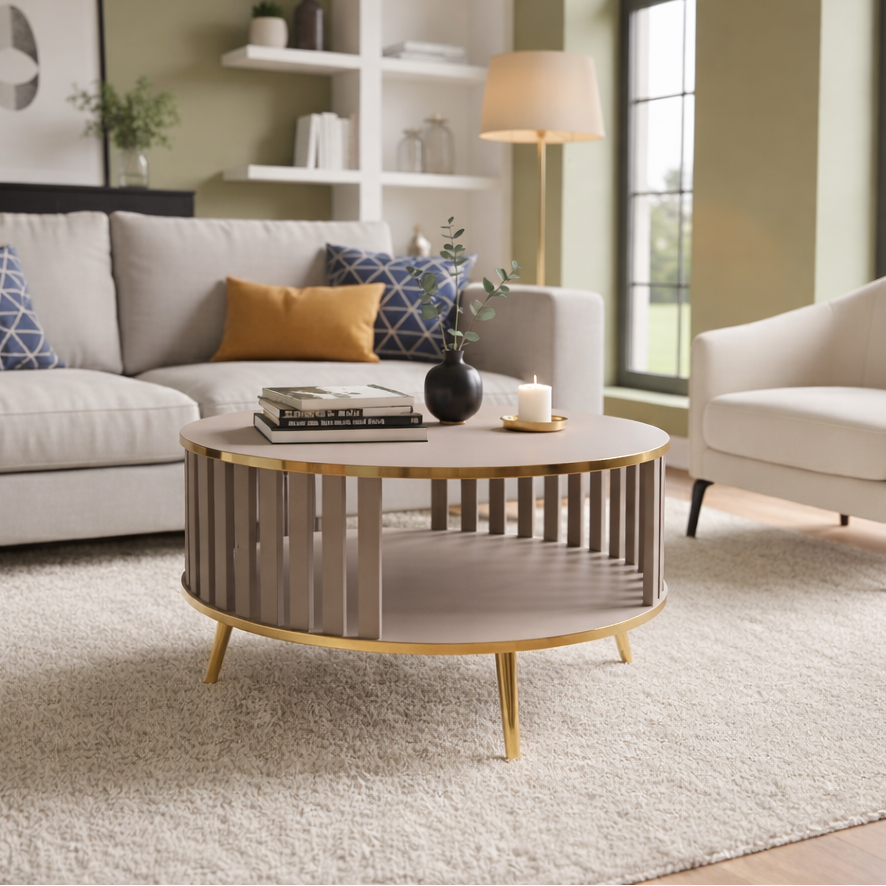 Stolik kawowy/Ława Lingo okrągły kaszmir/złoty, szerokość 80 cm – nowoczesny design