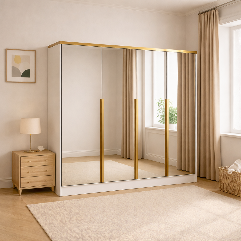 Szafa Biała z Lustrem Uchylna 200cm TIZA Złote Uchwyty