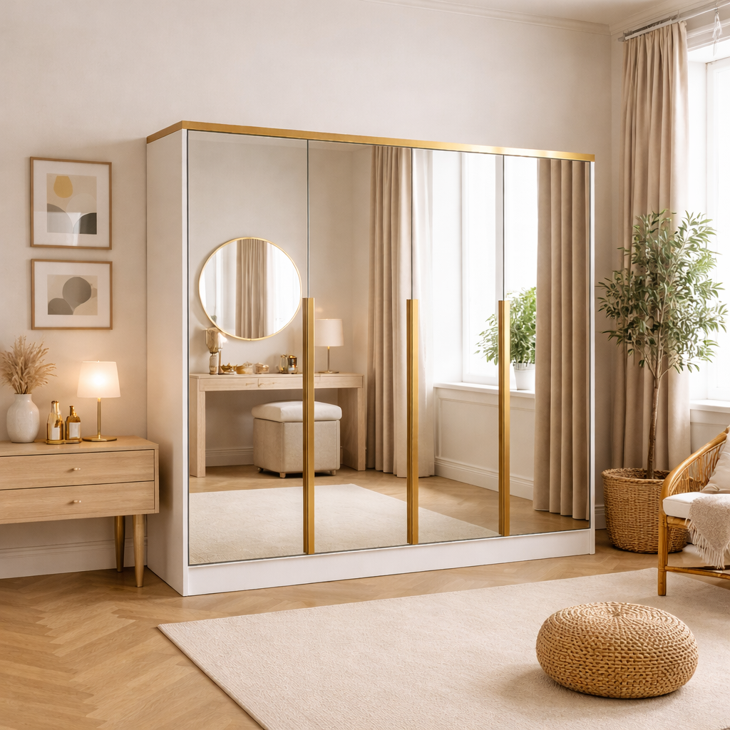 Szafa Biała z Lustrem Uchylna 200cm TIZA Złote Uchwyty