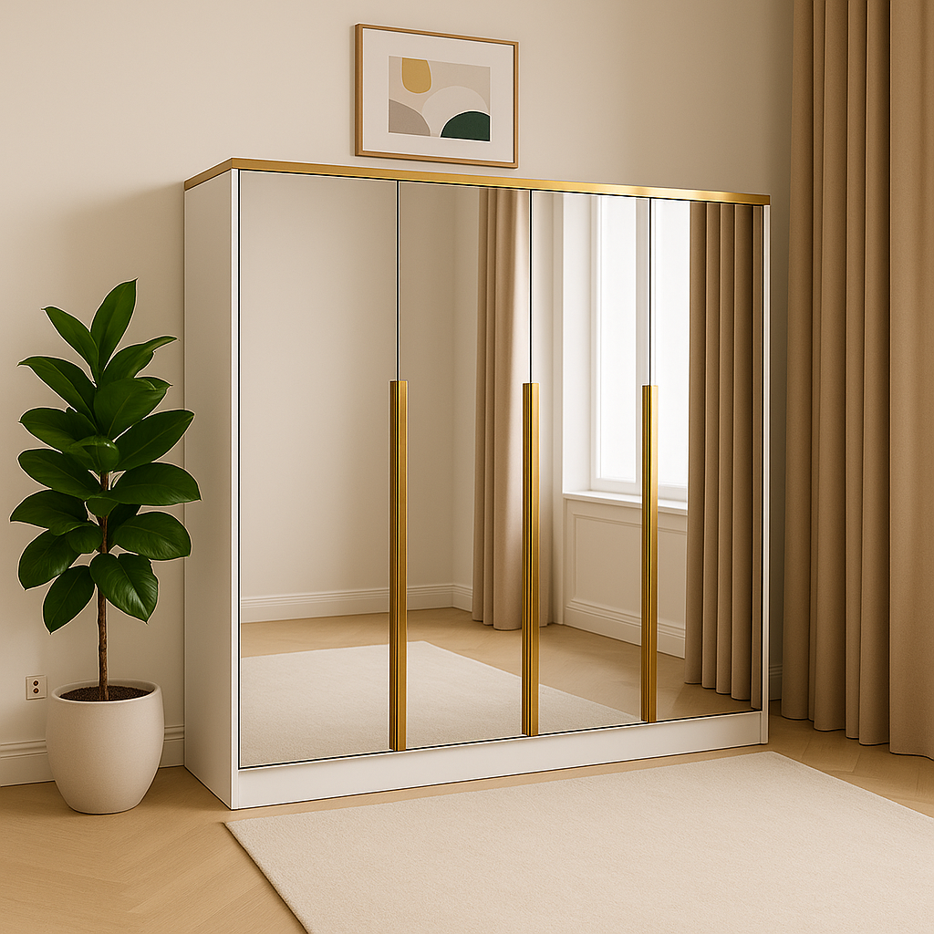 Szafa Biała z Lustrem Uchylna 200cm TIZA Złote Uchwyty