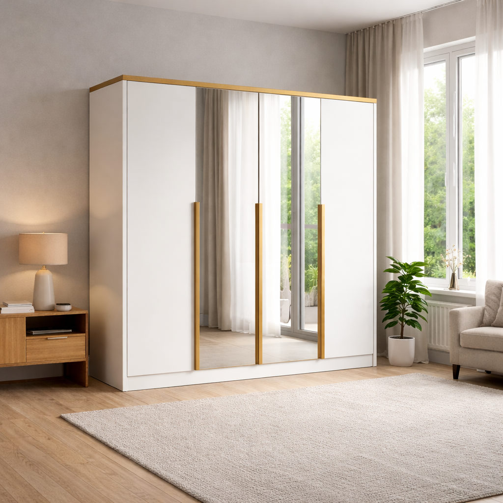 Szafa Biała z Lustrem Uchylna 200cm TIZA Uchwyty Złote