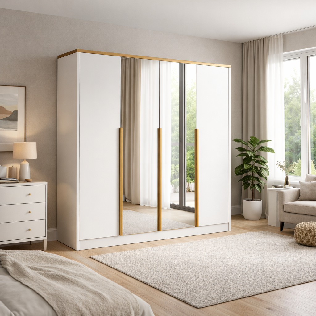 Szafa Biała z Lustrem Uchylna 200cm TIZA Uchwyty Złote