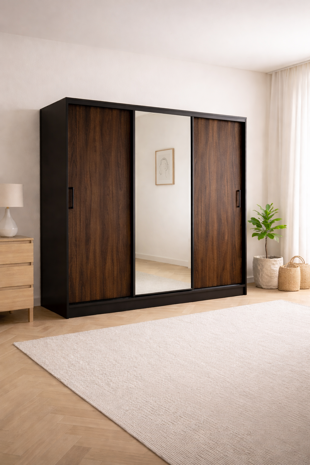 Szafa Przesuwna Czarna/Dąb Okapi 180cm TIO z lustrem – Nowość