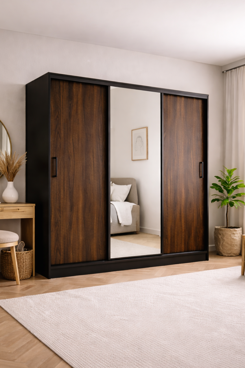 Szafa Przesuwna Czarna/Dąb Okapi 180cm TIO z lustrem – Nowość