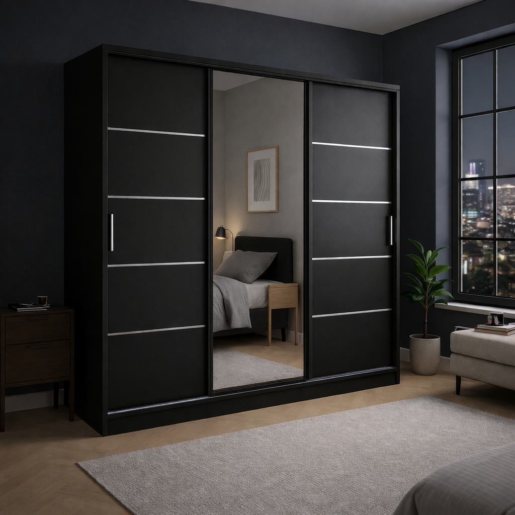 Szafa Przesuwna Czarna Mat TIO z Lustrem 180cm