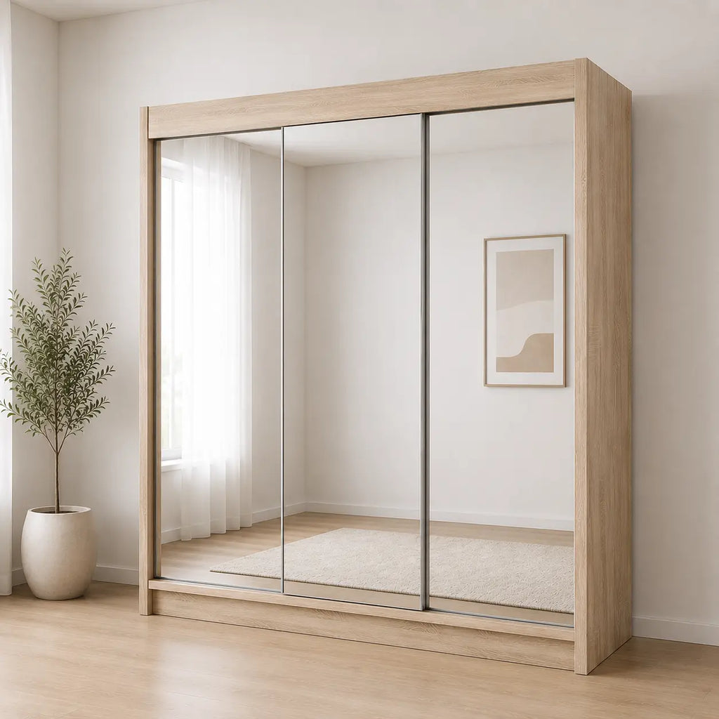 Szafa Przesuwna 180cm z Dużym Lustrem Biały Mat/Dąb Sonoma TIO1 Milo Furniture