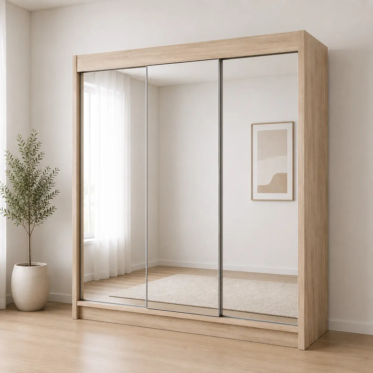 Szafa Przesuwna 180cm z Dużym Lustrem Biały Mat/Dąb Sonoma TIO1 Milo Furniture