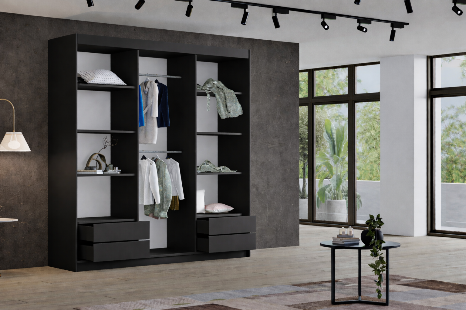 Szafa Przesuwna Czarna z Lustrem 180cm TIO