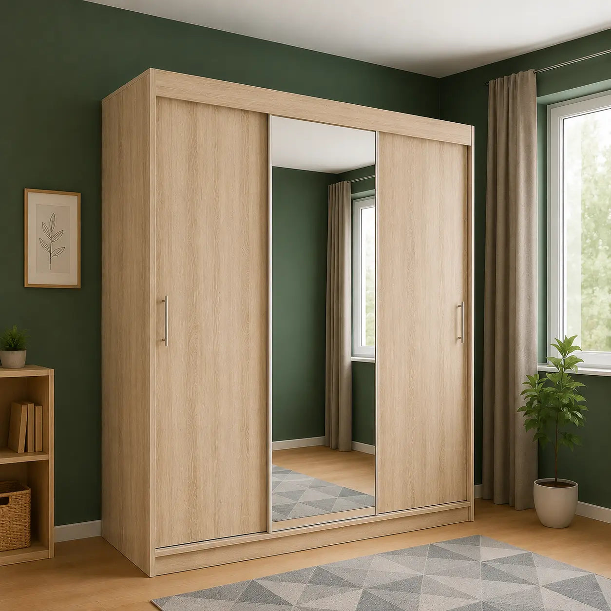 Szafa Przesuwna 180cm z Lustrem – Biały Mat/Dąb Sonoma TIO4 Milo Furniture