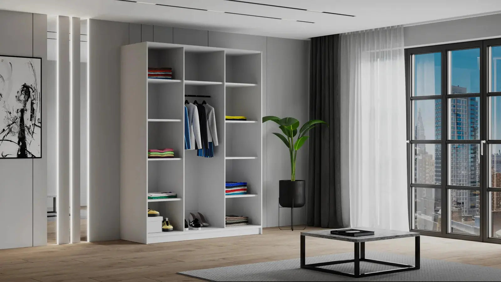 Szafa Uchylna 150cm 3-drzwiowa Biała z Lustrem – Garderoba - Milo Furniture