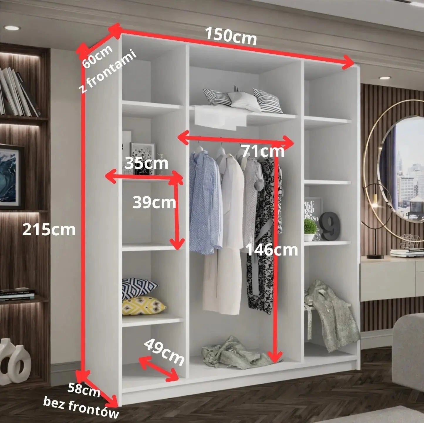 Szafa Uchylna 150cm 3-drzwiowa Biała z Lustrem – Garderoba - Milo Furniture