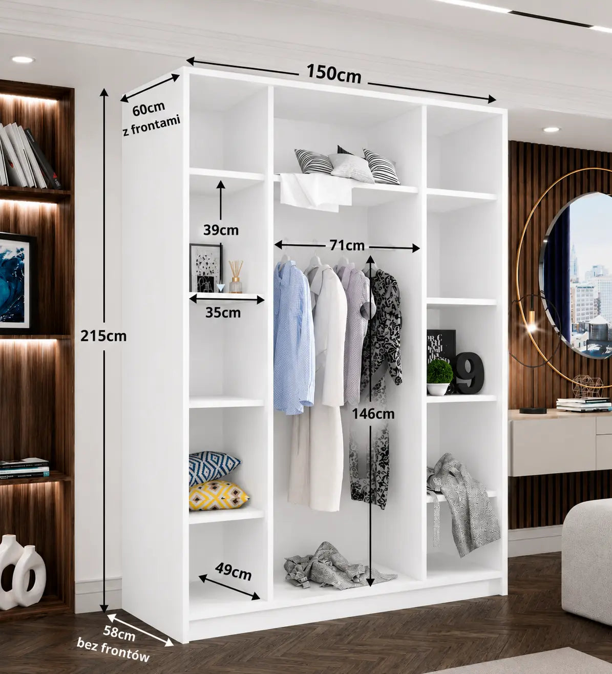 Szafa Uchylna 150cm 3-drzwiowa Biała z Lustrem – Garderoba Milo Furniture