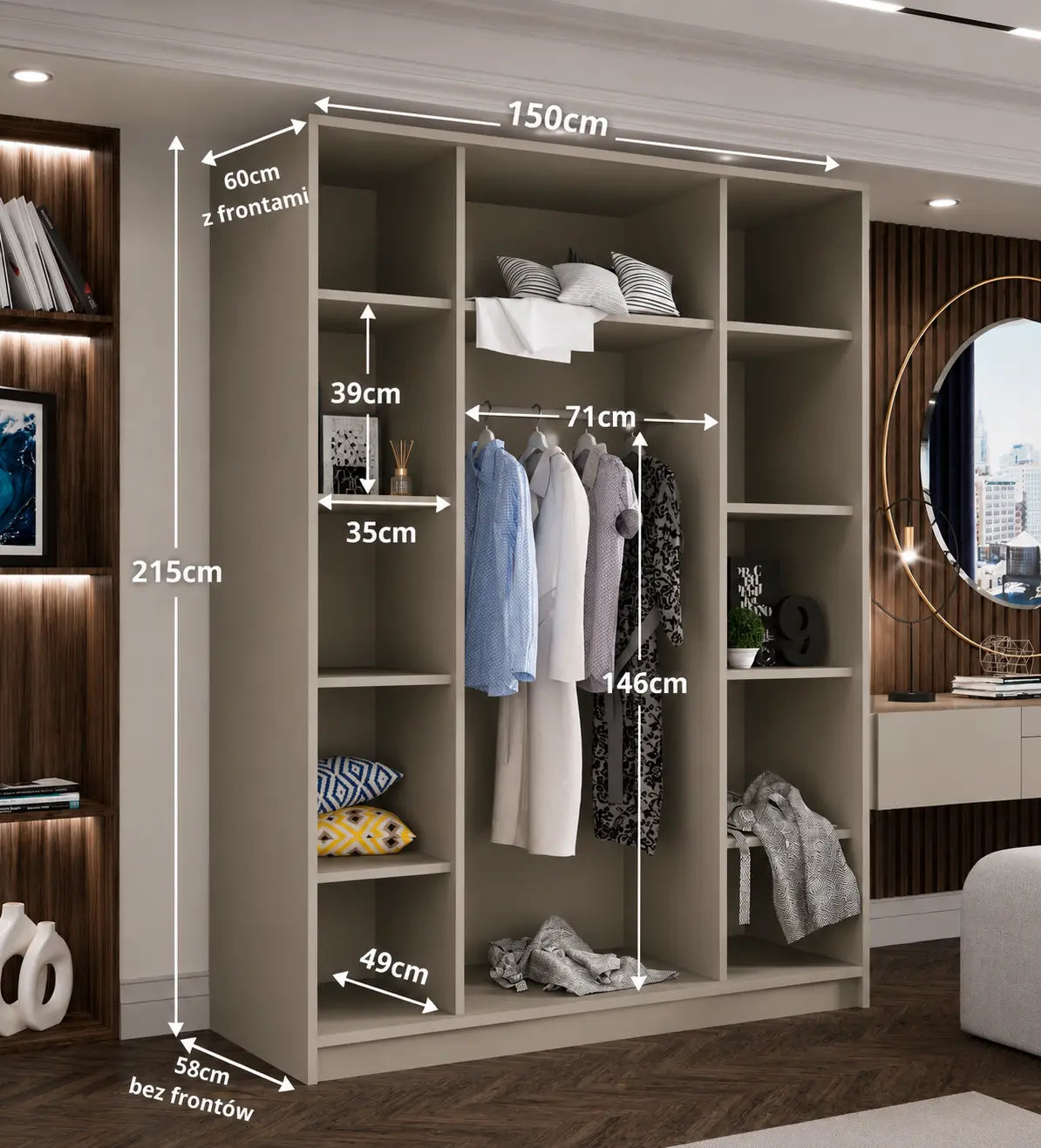 Szafa Uchylna 150cm Kaszmir z Lustrem – Garderoba Milo Furniture