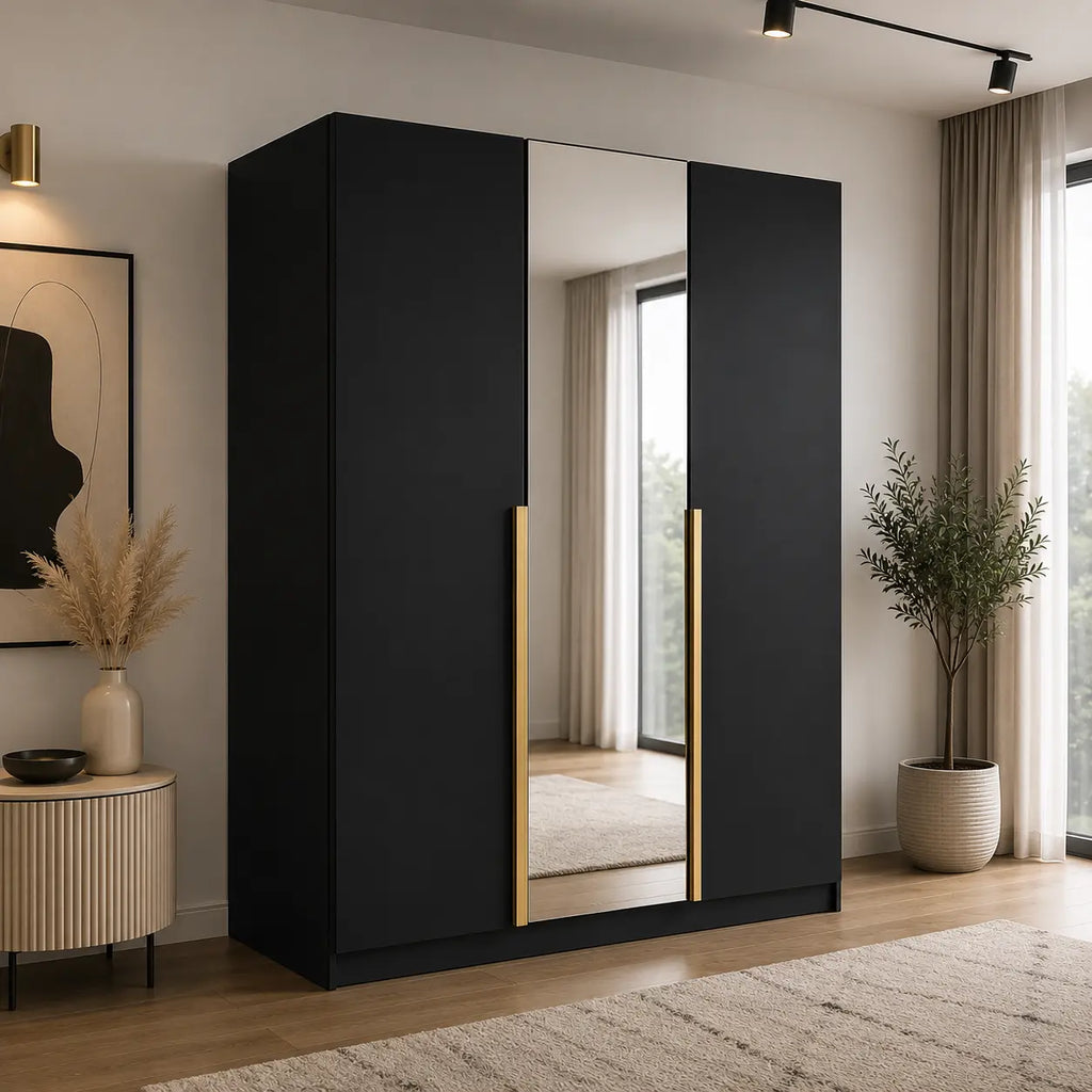 Szafa Uchylna 150cm z Lustrem Czarna – Nowoczesna Szafa do Sypialni Milo Furniture