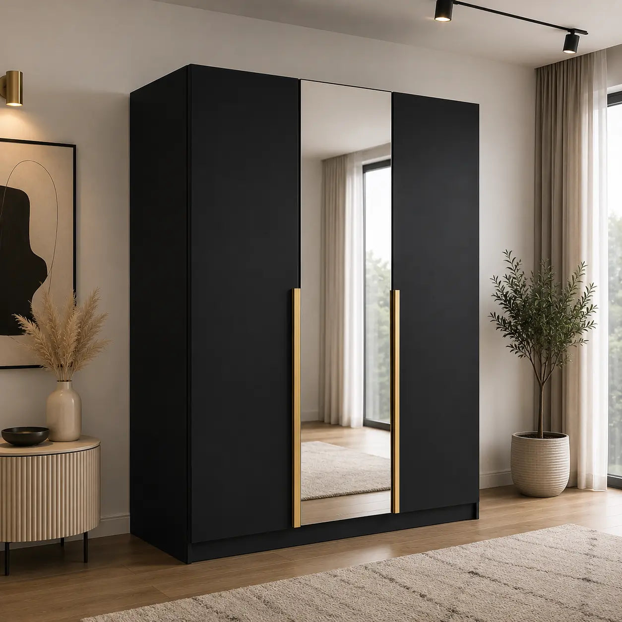 Szafa Uchylna 150cm z Lustrem Czarna – Nowoczesna Szafa do Sypialni Milo Furniture