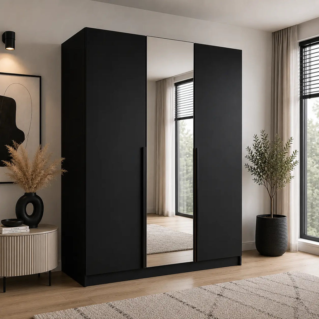 Szafa Uchylna 150cm z Lustrem Czarna – Nowoczesna Szafa do Sypialni Milo Furniture