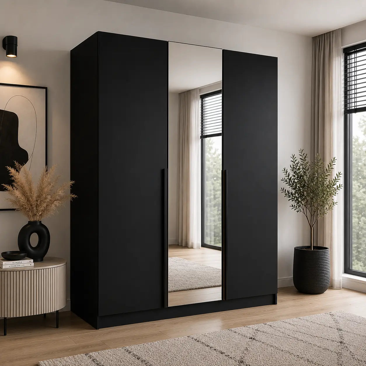 Szafa Uchylna 150cm z Lustrem Czarna – Nowoczesna Szafa do Sypialni Milo Furniture