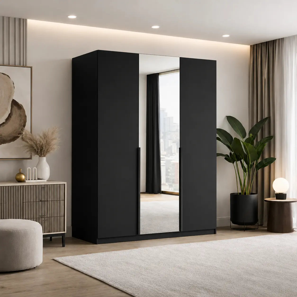 Szafa Uchylna 150cm z Lustrem Czarna – Nowoczesna Szafa do Sypialni Milo Furniture