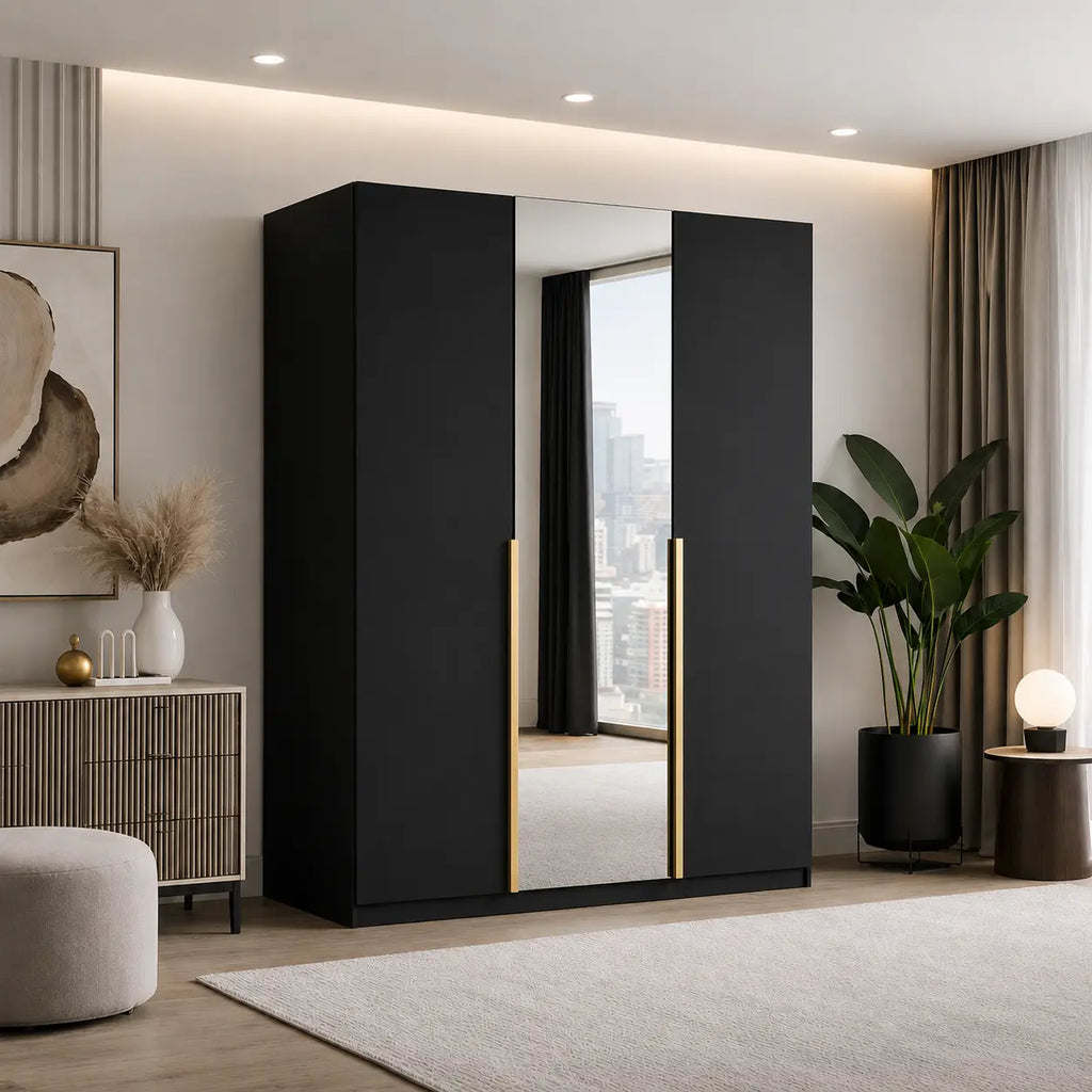 Szafa Uchylna 150cm z Lustrem Czarna – Nowoczesna Szafa do Sypialni Milo Furniture