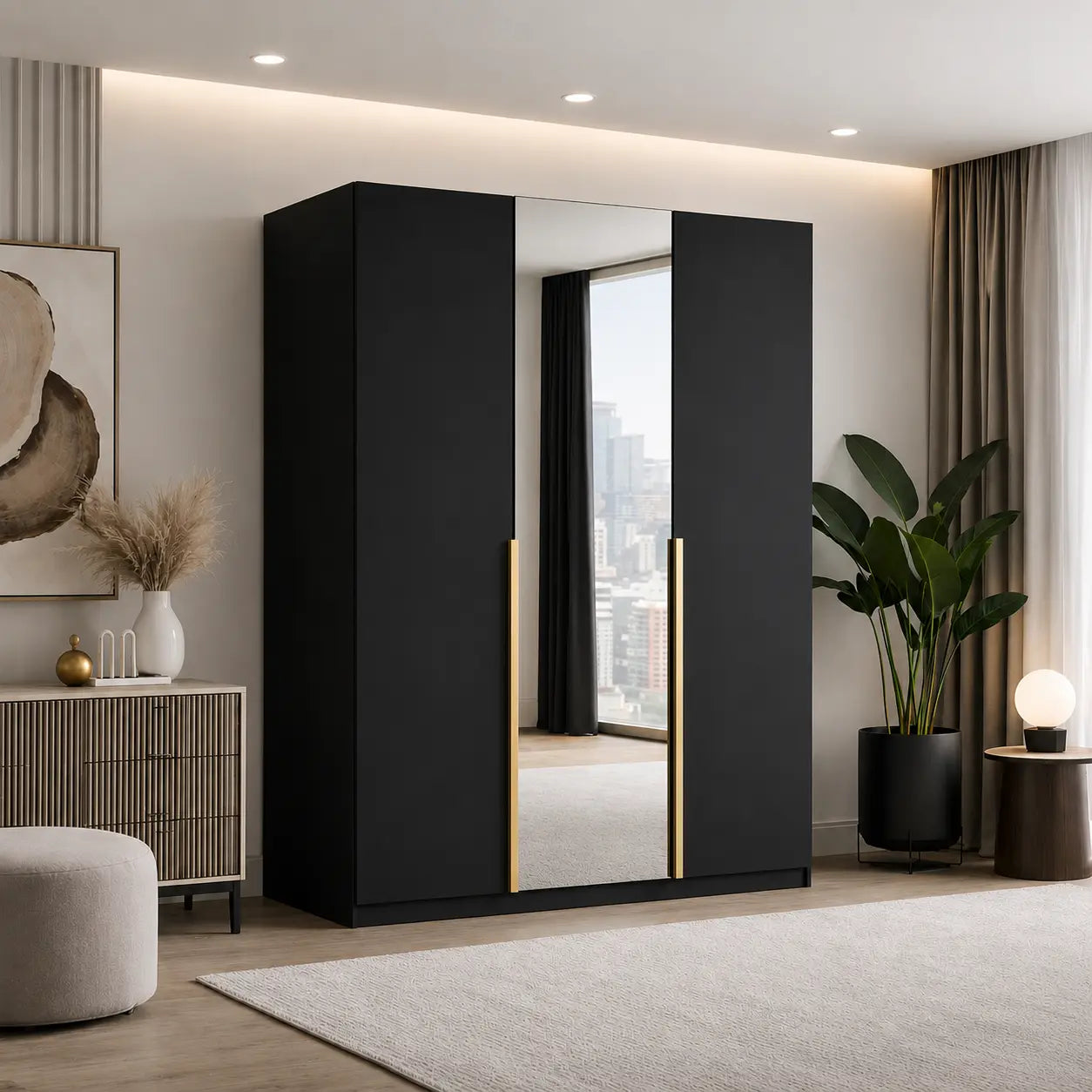 Szafa Uchylna 150cm z Lustrem Czarna – Nowoczesna Szafa do Sypialni Milo Furniture