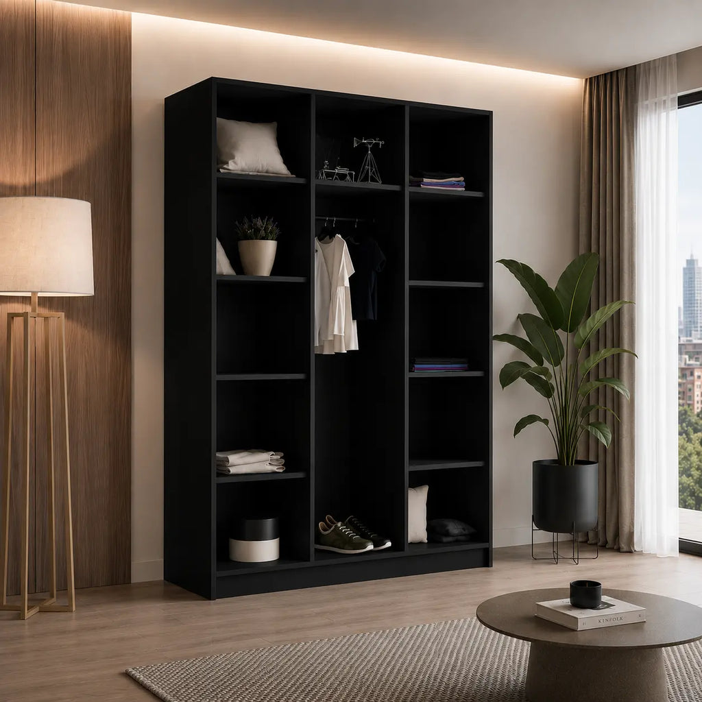 Szafa Uchylna 150cm z Lustrem Czarna – Nowoczesna Szafa do Sypialni Milo Furniture