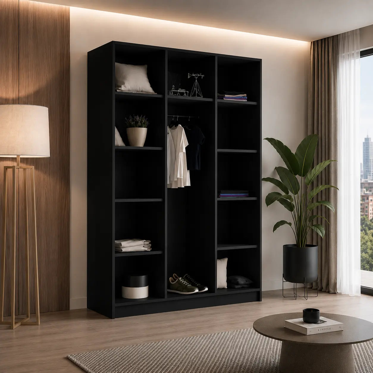 Szafa Uchylna 150cm z Lustrem Czarna – Nowoczesna Szafa do Sypialni Milo Furniture