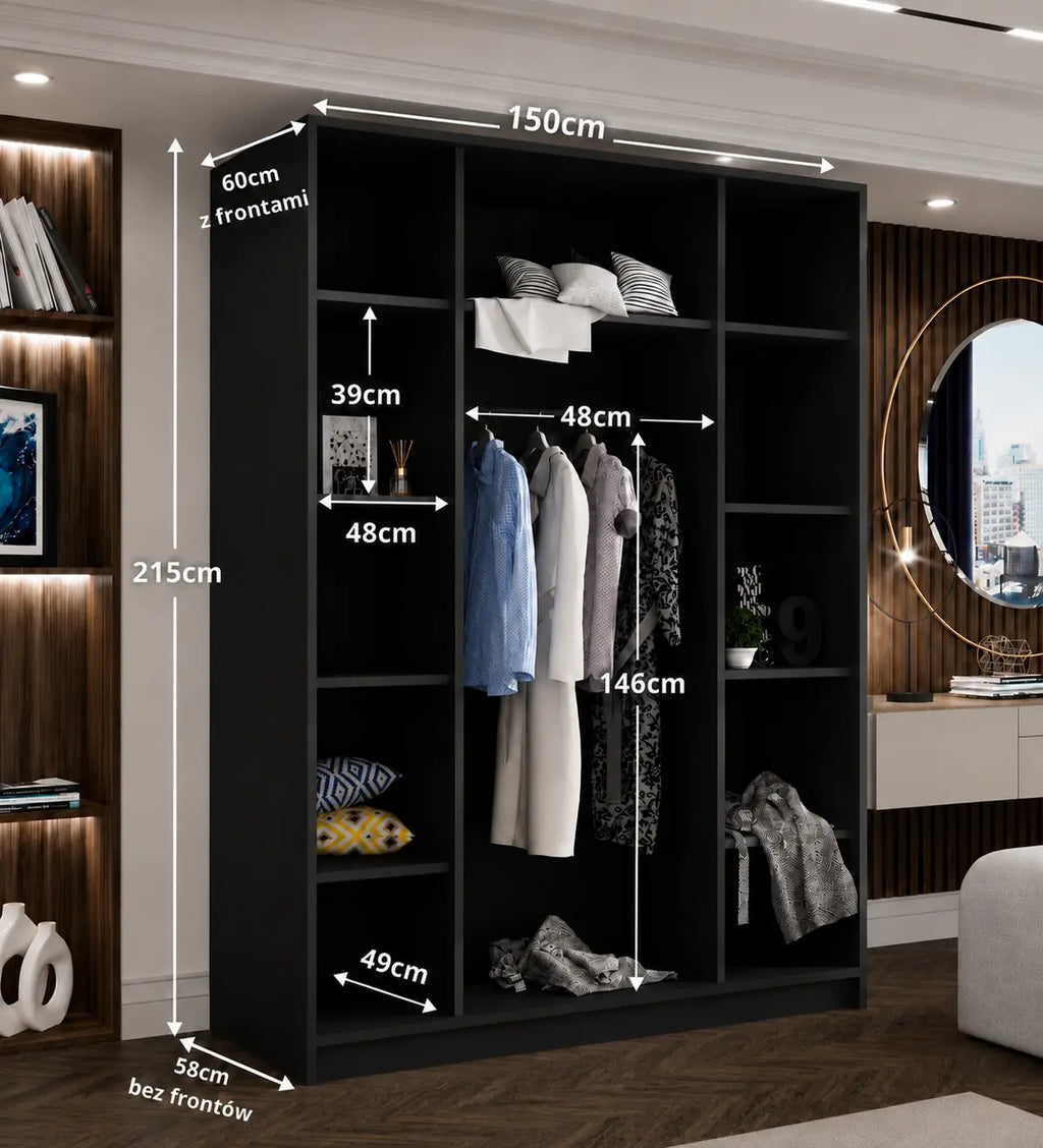 Szafa Uchylna 150cm z Lustrem Czarna – Nowoczesna Szafa do Sypialni Milo Furniture